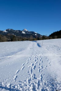 Scenic view of snowcapped mountains against clear blue sky