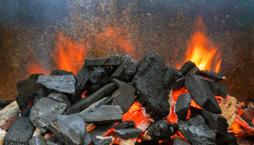 High angle view of fire on log