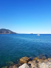 Scenic view of sea against blue sky