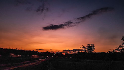 Silhouette trees on field against sky at sunset