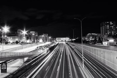 High angle view of multiple lane highway in city at night