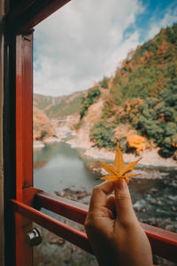 Close-up of hand holding leaf on window against sky