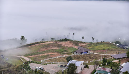 High angle view of buildings against sky