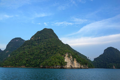 Scenic view of sea and mountains against sky