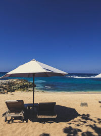 Scenic view of beach against clear blue sky