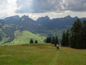 Scenic view of man riding motorcycle on field against sky