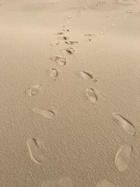 High angle view of footprints on sand at beach