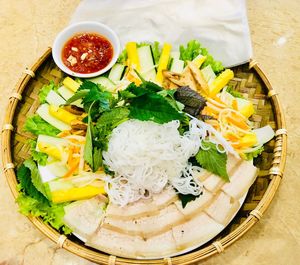 High angle view of food served on table