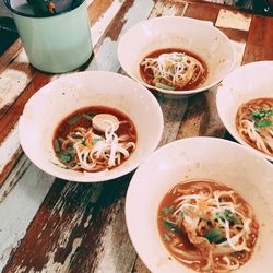 High angle view of boat noodles in bowl on table