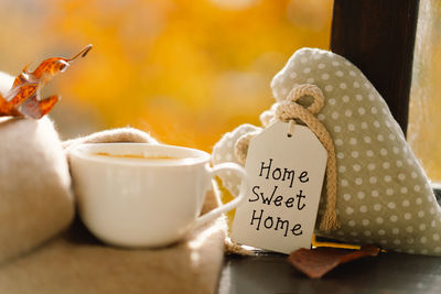 Sweet home. hot coffee and autumn decor. autumn home decor.