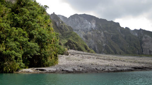 Scenic view of river by mountains against sky