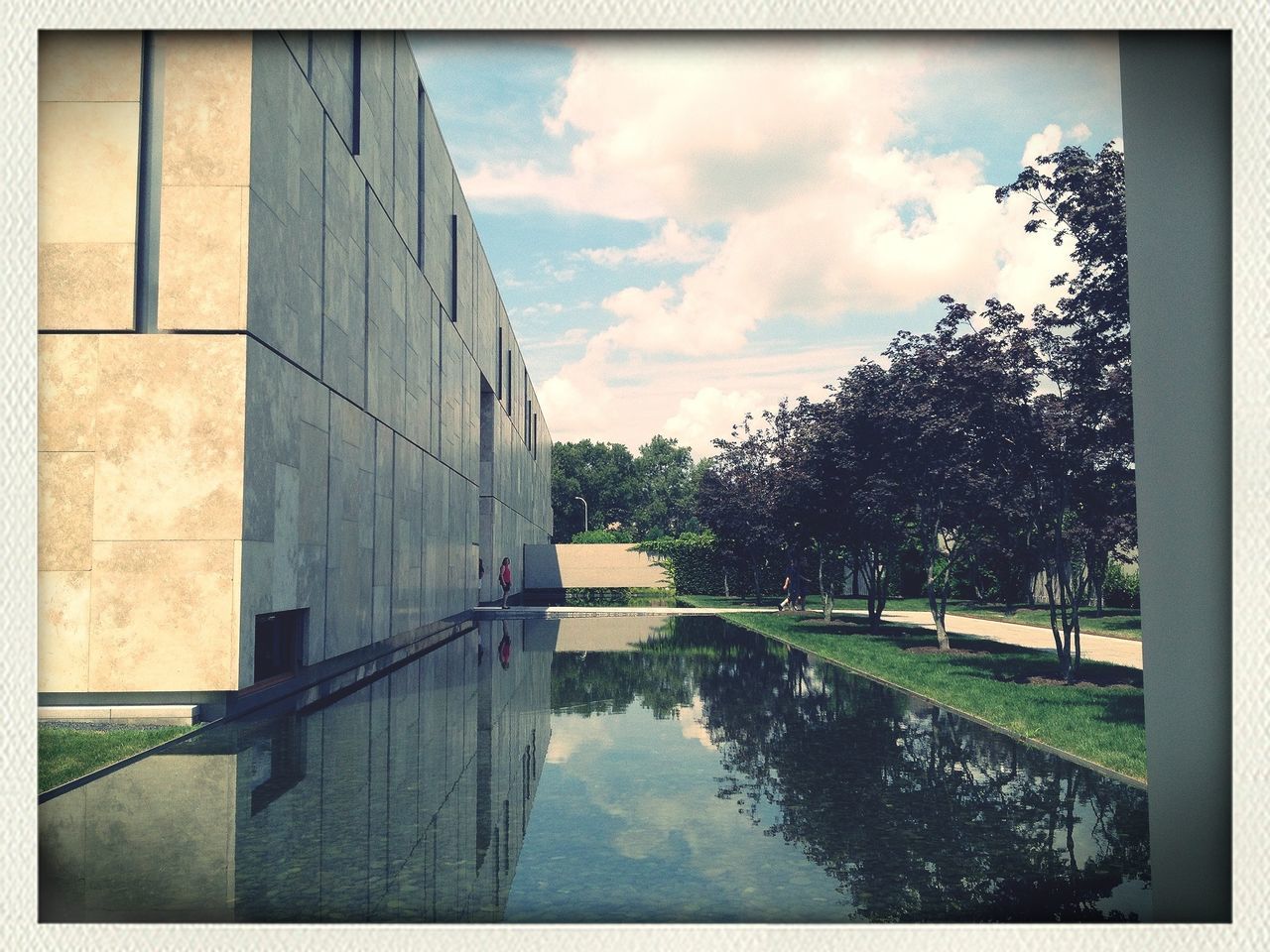 transfer print, auto post production filter, architecture, built structure, building exterior, sky, reflection, water, tree, city, cloud - sky, glass - material, day, cloud, building, window, river, waterfront, outdoors, no people