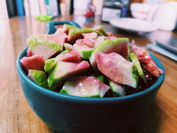 Close-up of salad in bowl on table