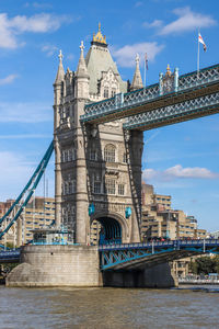 Arch bridge over river against sky in city