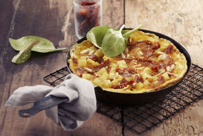 Close-up of food in cooking pan on table