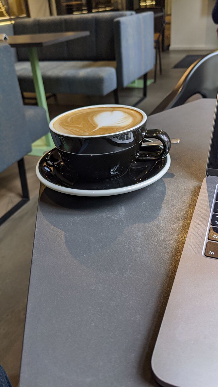 HIGH ANGLE VIEW OF COFFEE CUPS ON TABLE