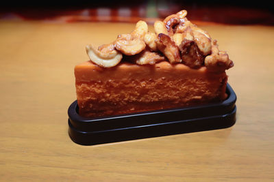 Close-up of chocolate cake on table