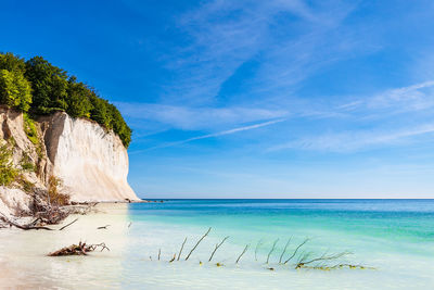 Scenic view of sea against blue sky