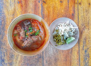 High angle view of soup in bowl on table