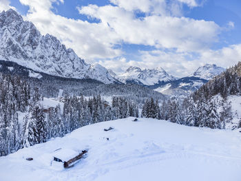 Scenic view of snow covered mountains against sky