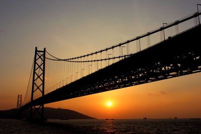 Silhouette bridge over sea against sky during sunset