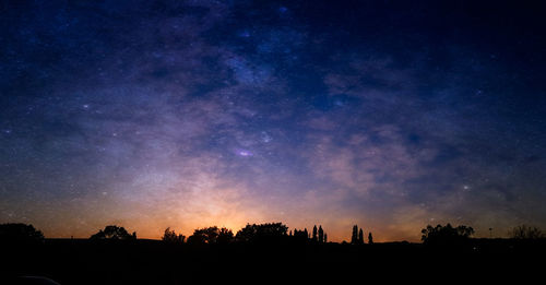 Low angle view of silhouette trees against sky at night