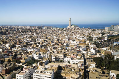 Elevated view of casablanca city with grand mosque and the atlantic
