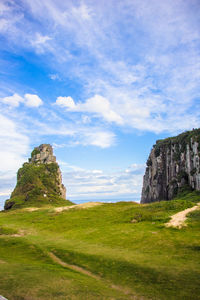 Rock formations on landscape against cloudy sky