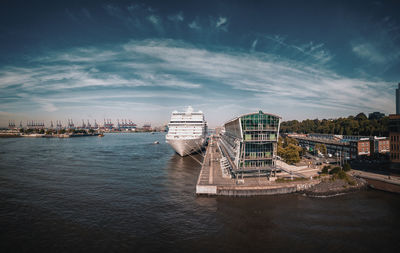 Bridge over river against buildings in city