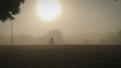 Man riding bicycle on field against sky during sunset