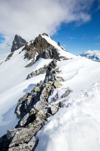 Scenic view of snowcapped mountains against sky