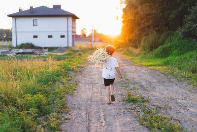 Cute smiling boy at camomile field at sunset in soft sunlight. boy and daisies.