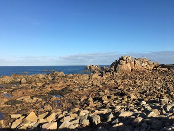 Scenic view of sea against clear blue sky