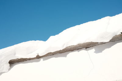 Low angle view of snow against clear blue sky