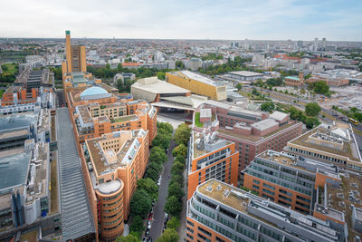 High angle view of buildings in city