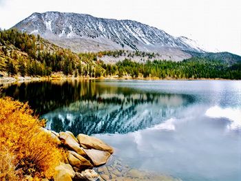 Scenic view of lake and mountains against sky