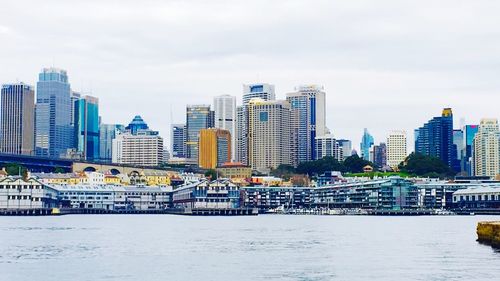 River in front of cityscape against sky