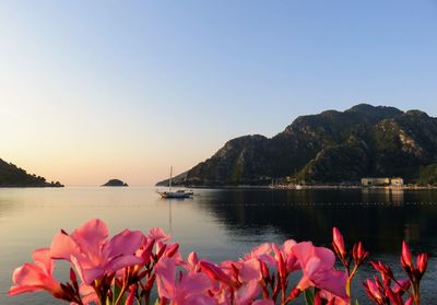 Scenic view of lake and mountains against clear sky