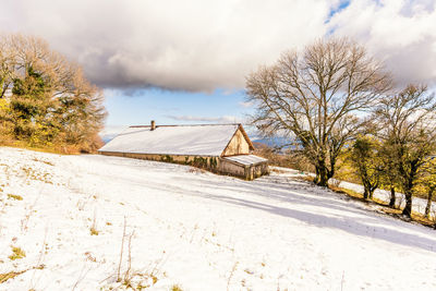 Snow covered landscape against sky