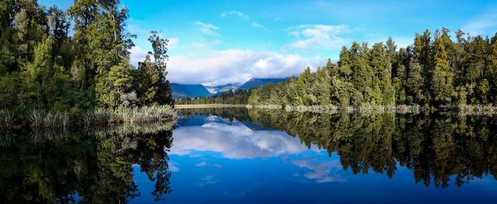 Scenic view of lake by trees against blue sky