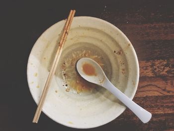 High angle view of drink in plate on table