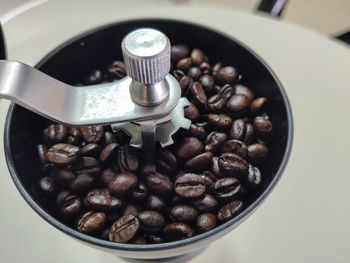 High angle view of coffee beans in container