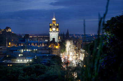 Illuminated tower of balmoral hotel at night