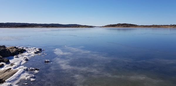 Scenic view of sea against clear blue sky