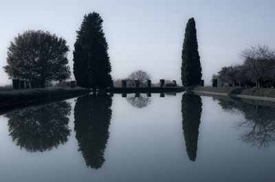 Reflection of trees in lake against sky