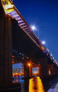 Illuminated bridge against sky at dusk