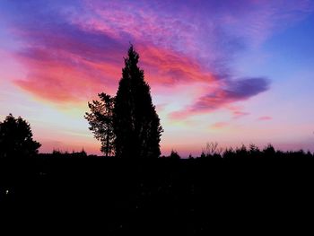 Silhouette trees on field against romantic sky at sunset