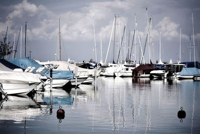 Sailboats moored in lake against sky