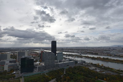 High angle view of buildings against sky