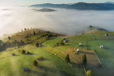 High angle view of agricultural field against sky